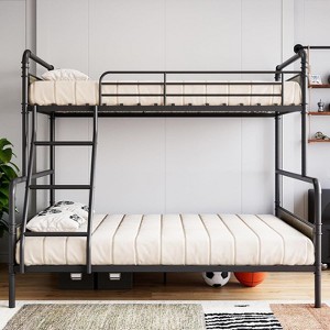 Metal Bunk Bed Twin Over Full Size with High Guardrail and Ladder, Twin Size Convertible Metal Bunk Beds, Black+Grey - 1 of 4