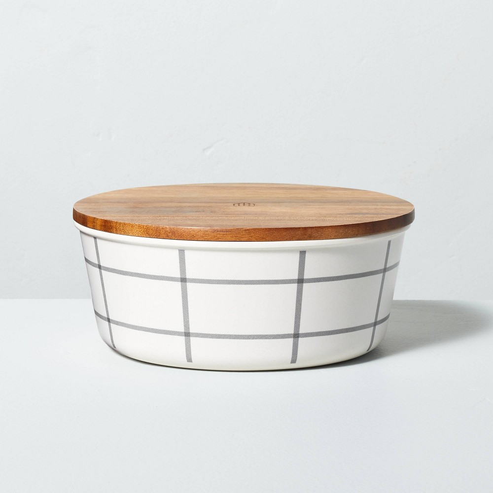 34oz Grid Pattern Bamboo-Melamine Bento Food Storage Box with Wood Lid Gray/Cream - Hearth & Hand with Magnolia