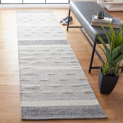 Ivory and Grey Striped Wool Cotton Runner Rug