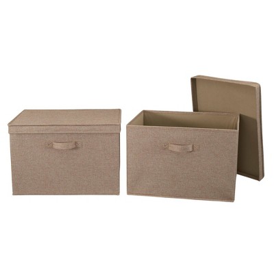 Latte Linen Wide Collapsible Storage Box with Lid, Set of 2