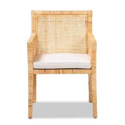 Natural Rattan and Cane Armchair with White Cushion