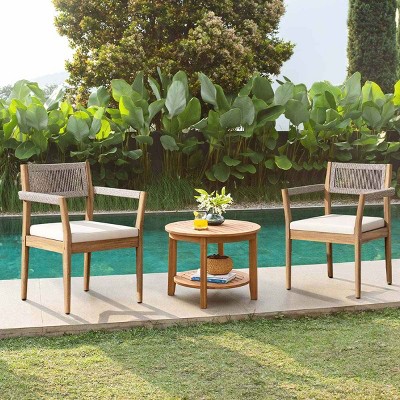 Outdoor Dining Chairs, Acacia Wood Frame Chairs with Armrests, Braided Rope Chair with Polyester Cushions-Coolbibila