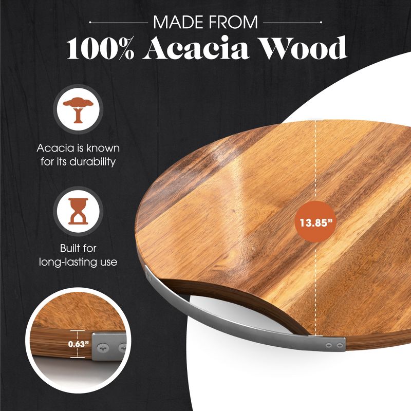 American Atelier Acacia Wood Round Cutting Board with Metal Accent, Large Board for Cheese, Charcuterie with Handle for Serving, 13” Diameter, 4 of 8
