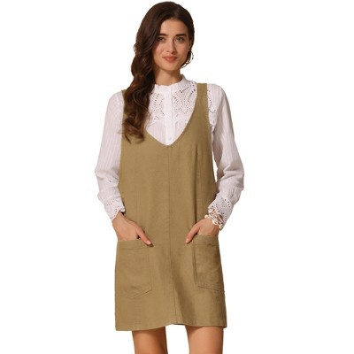 INSPIRE CHIC Women's Sleeveless Casual Denim Adjustable Strap V Neck Front Pockets Overall Mini Dress