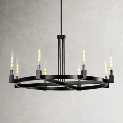 Rennnsan Marrionel 47"W 8-Light Wagon Wheel Textured Glass Classic Dimmable Chandelier in Black