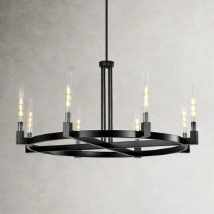 Rennnsan Marrionel 47"W 8-Light Wagon Wheel Textured Glass Classic Dimmable Chandelier in Black - 1 of 4