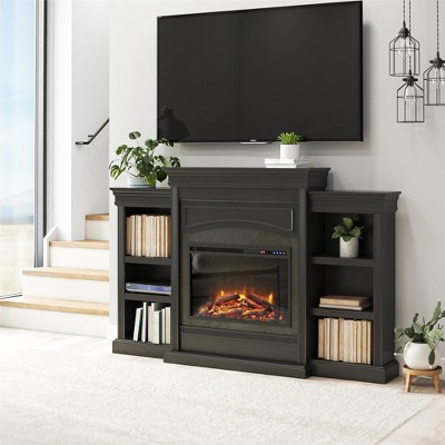 Black Electric Fireplace with Mantel and Shelves