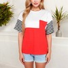 Anna-Kaci Women's Color Block T-Shirt with Striped Sleeves and Front Pocket Detail - 3 of 4
