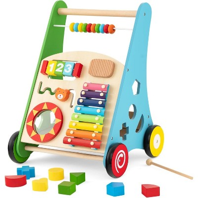 Safstar Baby Push Walker, Wooden Infant Walker Activity Center with Shape Sorter, Push Toys for Babies Learning to Walk, Gift for Boys and Girls