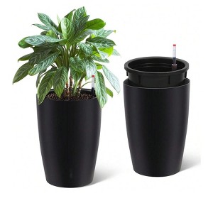 Set of 4 Self-Watering Planters (16" tall) with built-in drainage & water monitor. Perfect for patio, porch, living room, or office. - 1 of 4