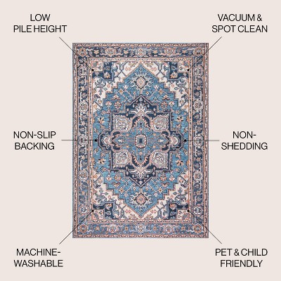 Cirali Blue and Beige Medallion Washable Area Rug