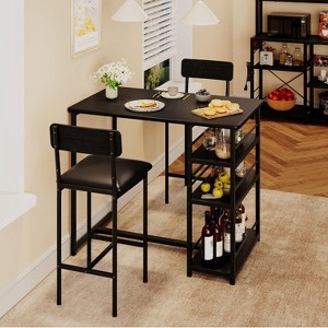 Jojoka Compact 2-Person Bar Table and Chair Set with Three Storage Shelves, Rectangular Rustic MDF Top and Upholstered Chairs, Brown - 1 of 4