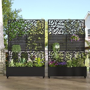 Wooakway 72"H Two-tone Patio Planter Box with Trellis Metal Raised Garden Bed Black Decorative Privacy Screen with Wheels - 1 of 4