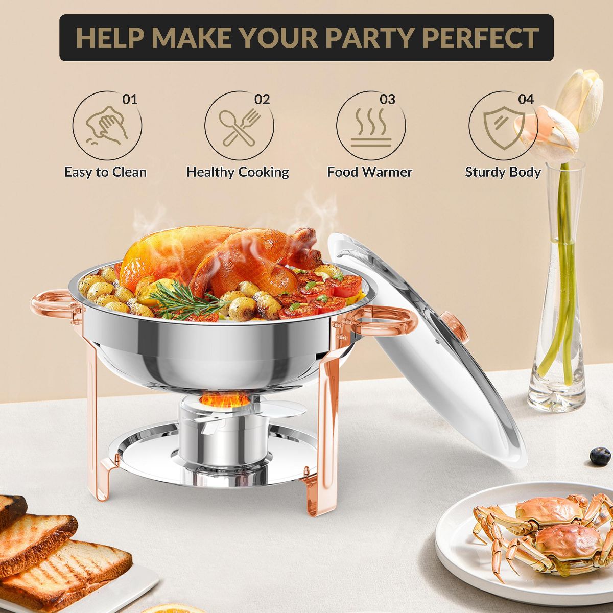 6-Pack 5QT Round Stainless Steel Chafing Dishes Set with Lid Holder & Cover - Buffet Warmers for Parties/Festivals/Weddings - thumbnail 5