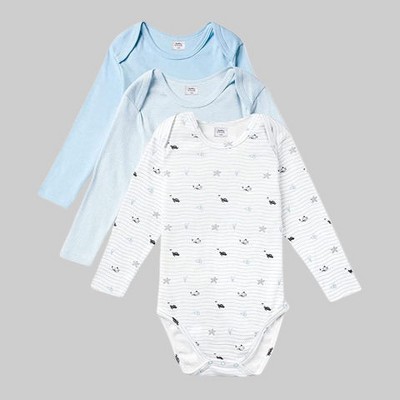 Stellou & Friends Unisex Cotton Long Sleeve Bodysuit - 3pk - 0-3 Months / Blue