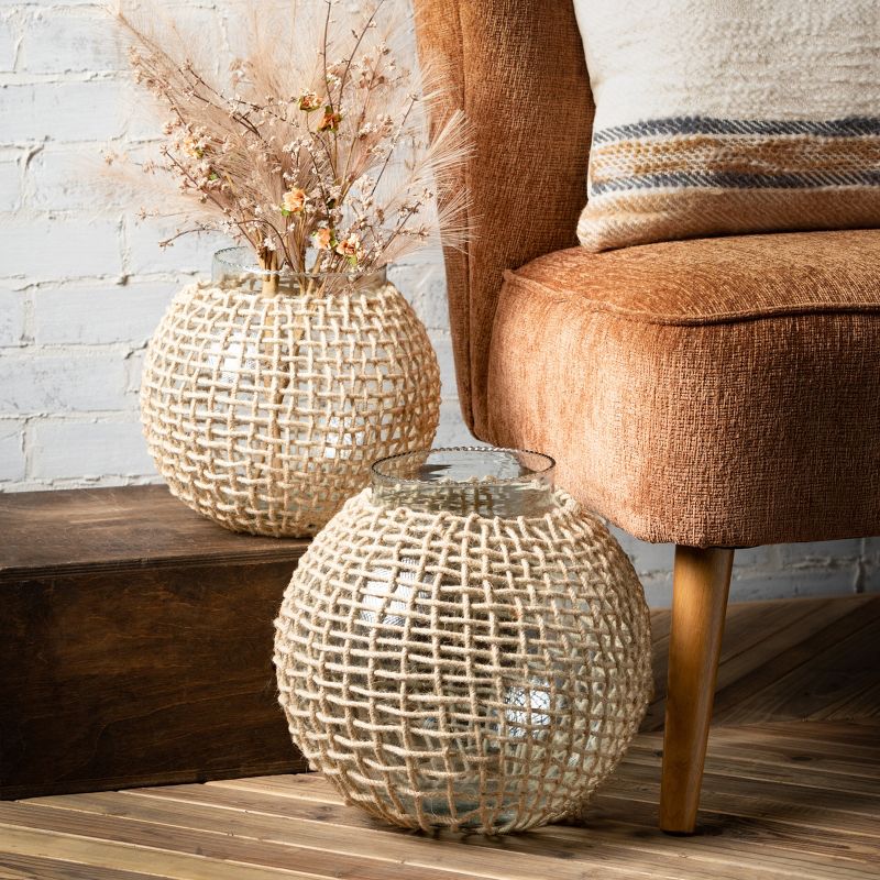 9.25"H Sullivans Woven Rattan And Glass Vases Set of 2, Natural, 3 of 5