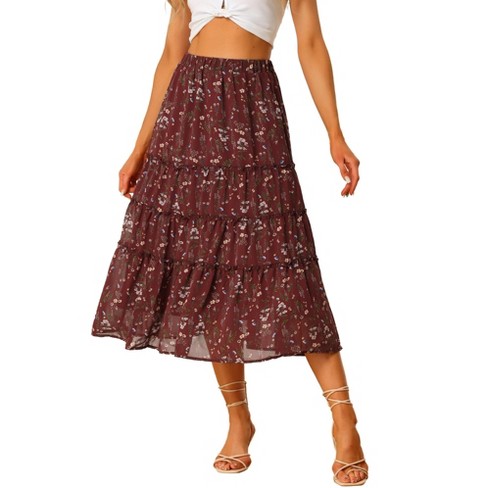 Allegra K Women's Floral Elastic Waist Tiered Ruffle Boho Midi Skirts ...