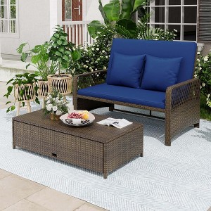 Costway Patio Rattan Daybed Wicker Loveseat Sofa with Multifunctional Ottoman Beige/Red/Blue - 1 of 4