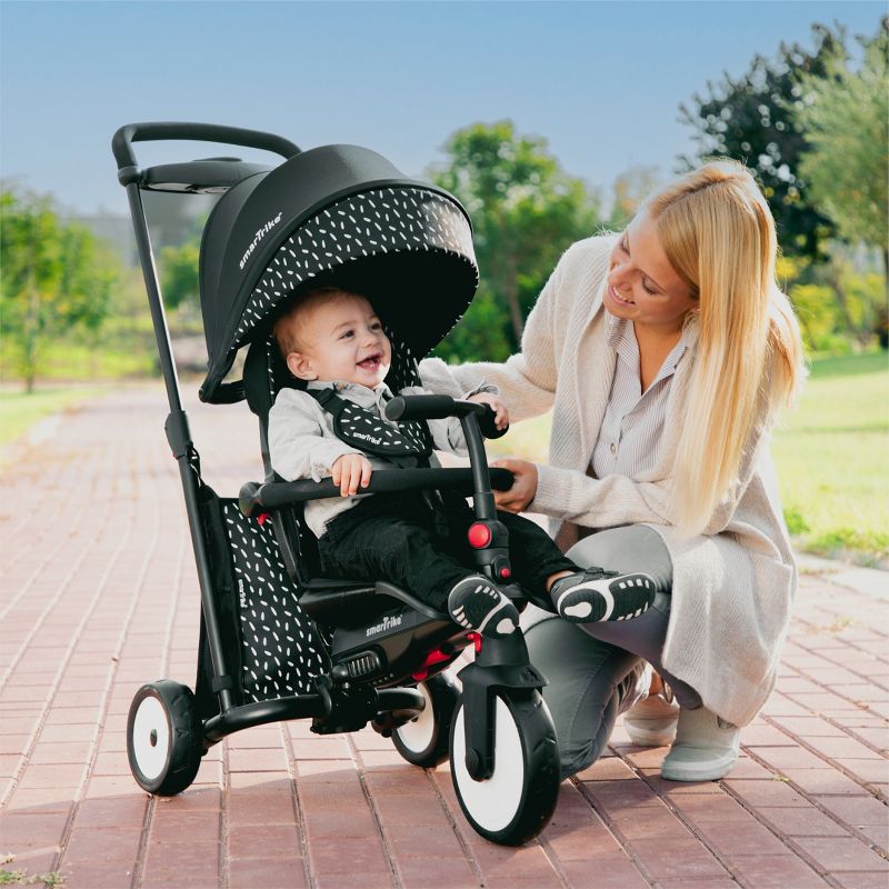 smarTrike STR5 6 in 1 Foldable Toddler Stroller Tricycle Combination with 1 Hand Steering Shock Absorbency and 5 Point Harness, Black and White, 2 of 6