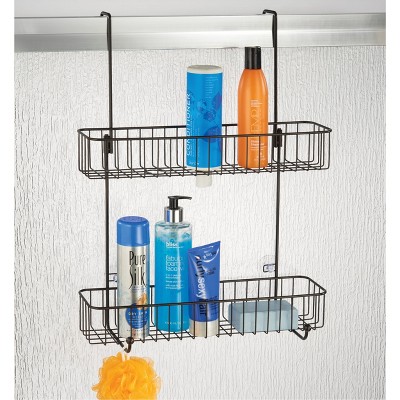 mDesign Wide Metal Over Door Hanging Shower Caddy, 2 Hooks and Baskets - Bronze