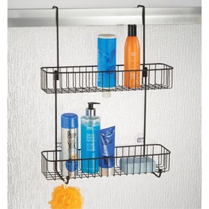 mDesign Wide Metal Over Door Hanging Shower Caddy, 2 Hooks and Baskets - Bronze - 1 of 4