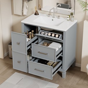 30 Inch Bathroom Vanity with Ceramic Sink Flip-Out Drawer Design for Plumbing Grey Painted MDF Cabinet with Solid Wood Legs - 1 of 4