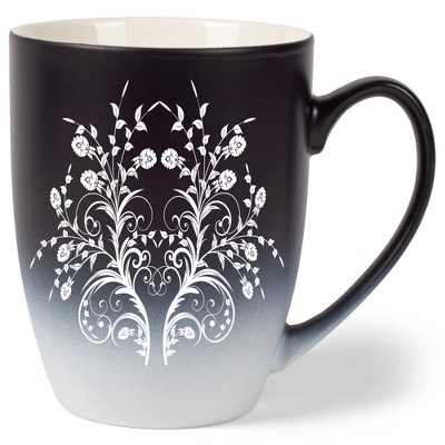 Elanze Designs Damask Floral Mirror Two Toned Ombre Matte Black and White 12 ounce Ceramic Stoneware Coffee Cup Mug