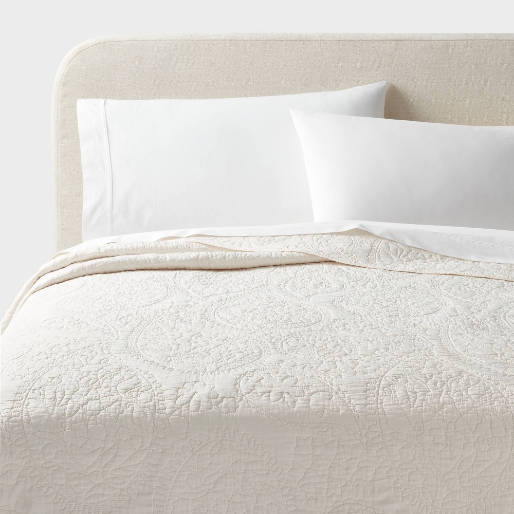 Full/Queen Garment Washed Paisley Stitch Quilt Ivory - Threshold™: OEKO-TEX Certified, Microfiber Backing, Year-Round Comfort