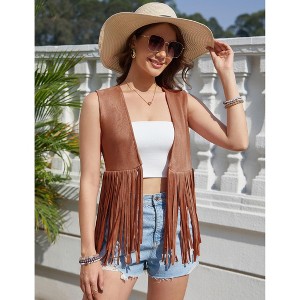 Coolmee Women's Casual Simple Vests Fashion Fringe Cardigans Tassel Sleeveless Open Front Jackets Western Faux Suede Leather Jackets M Brown - 1 of 4