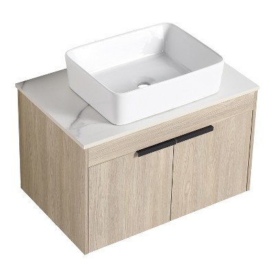 Vynxaria 42 in. Single Modern White Oak Plywood Bath Vanity with White Flat Stone Counter KD-PACKING Ready to Assemble