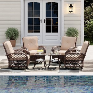 UPHA 6-Piece Patio Outdoor Wicker Swivel Rocking Chair Set with Side Table and Cushions - 1 of 4