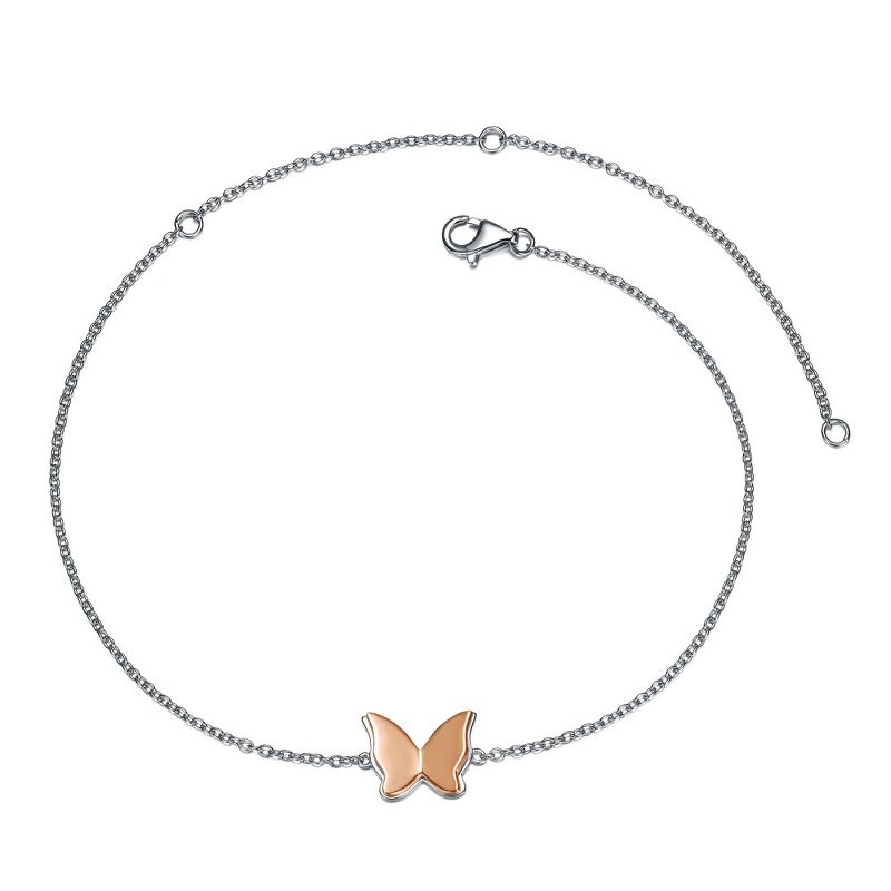 Sterling Silver 18k Rose Gold Plated Butterfly Charm Anklet, Adjustable Length, 1 of 3