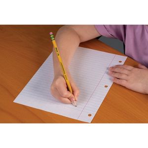 A yellow colored pencil with a pink eraser is being used to write on a sheet of lined paper.