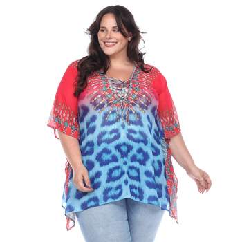 Plus Size Animal Print Caftan with Tie-up Neckline - One Size Fits Most Plus - White Mark