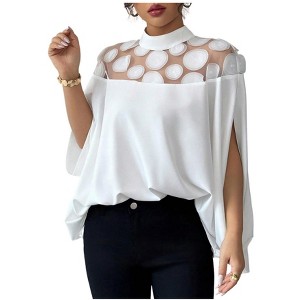 Women's Flowy Long Sleeve Blouse Sheer Embellished Yoke Mock Neck Top - 1 of 4