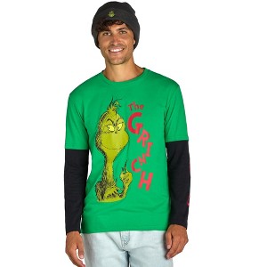Seven Times Six Dr. Seuss The Grinch Men's Faux Long Sleeve Shirt And Embroidered Beanie Set Green - 1 of 4