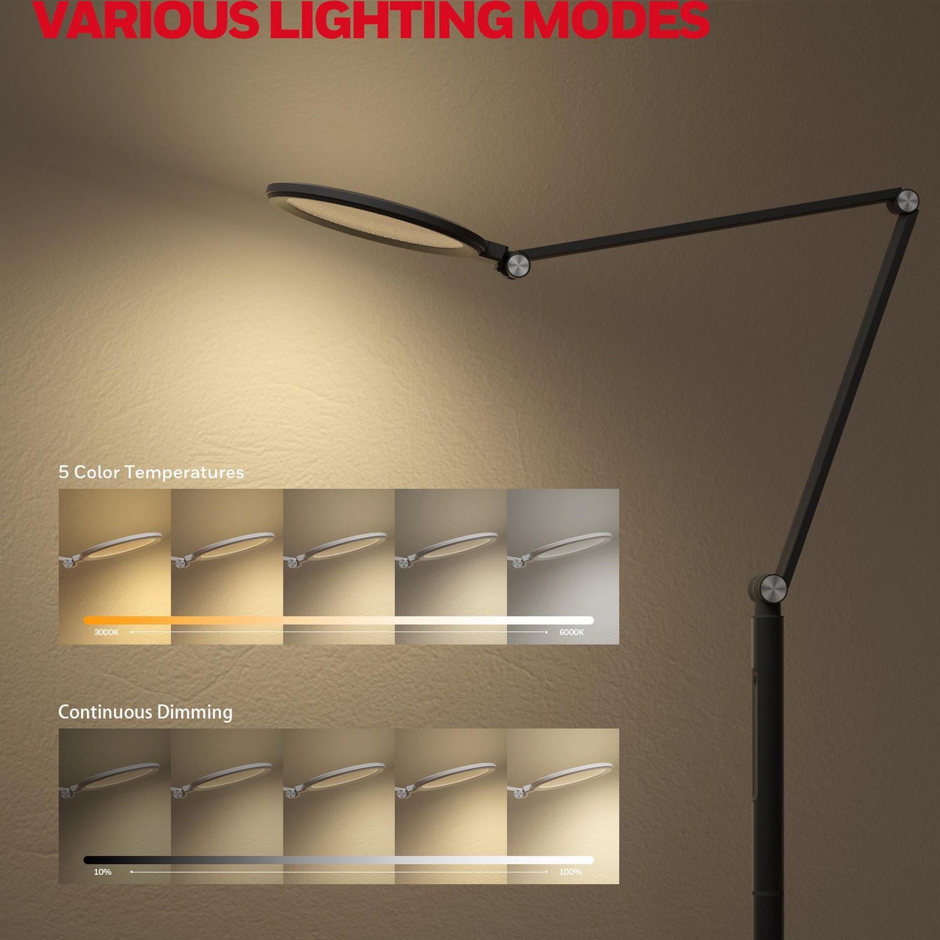 LED Floor Lamp Eye Caring Dimmable Standing Light with Remote,Bright Natural Daylight 5 Colors & 5 Brightness Adjustable Tall Lampara