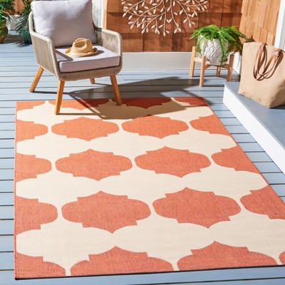 Beige and Terracotta Geometric Low Pile Square Area Rug