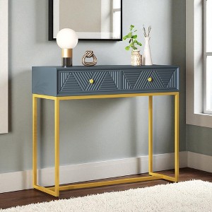 Buffet Cabinet with Storage, Narrow Wooden Sideboard with 2 Stripe-Design Drawers and Gold Legs, Sleek Accent Cabinet for Dining Room, Living Room - 1 of 4