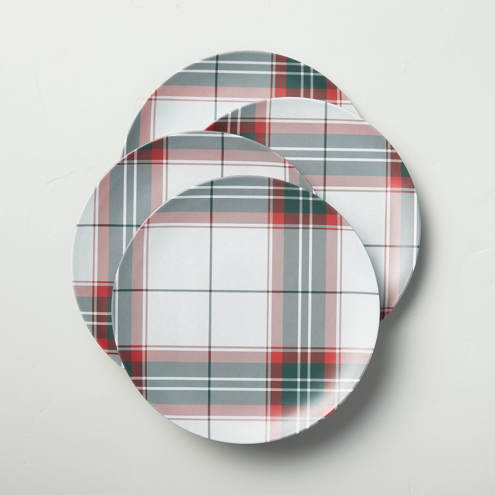4pk Holiday Plaid Melamine Salad Plate Set Red/Green - Hearth & Hand with Magnolia