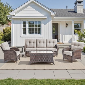 Buenhomino 5 Pieces Patio Furniture Set, Outdoor Wicker Sofa with Rattan Chairs, Coffee Table, All Weather High Back Couch with 5" Thick Cushions - 1 of 4