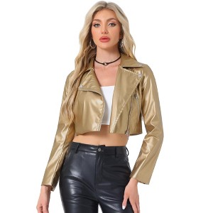 INSPIRE CHIC Women's Faux Leather Long Sleeve Zipper Up Moto Cropped Jacket - 1 of 4