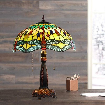 Empress Dragonfly Dark Bronze Stained Glass Table Lamp 16"