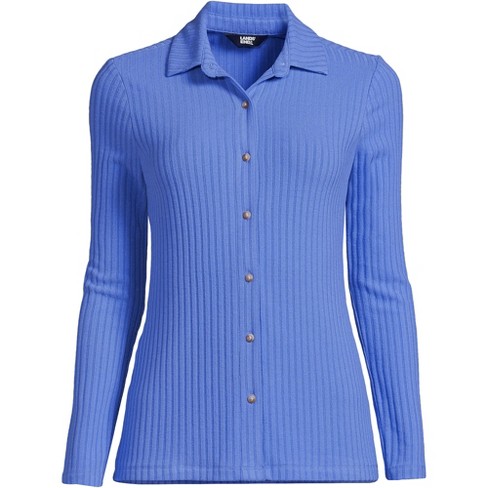 Lands' End Women's Long Sleeve Wide Rib Button Front Polo - Large - Chicory  Blue