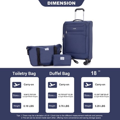 Vynxaria 3-Piece Blue Softshell Luggage Set 18" Spinner Suitcase Travel Bag Toiletry Pouch Lightweight Durable