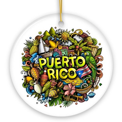 Puerto Rico Symbols Graphic Art on Ceramic Ornament, Rican Culture Christmas Gift| OrnamentallyYou