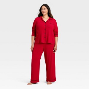 Women's Cloud Knit Modal Long Sleeve Notch Collar Top and Pants Pajama Set - Auden™ - 1 of 3