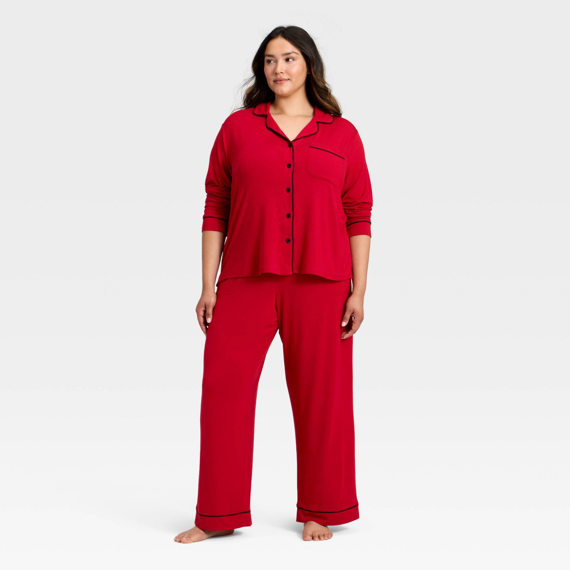 Women's Cloud Knit Modal Long Sleeve Notch Collar Top and Pants Pajama Set - Auden™