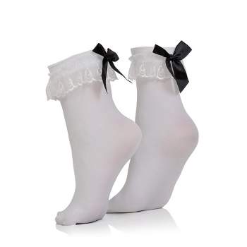 Skeleteen Ruffled Ankle Socks with Bow - White and Black