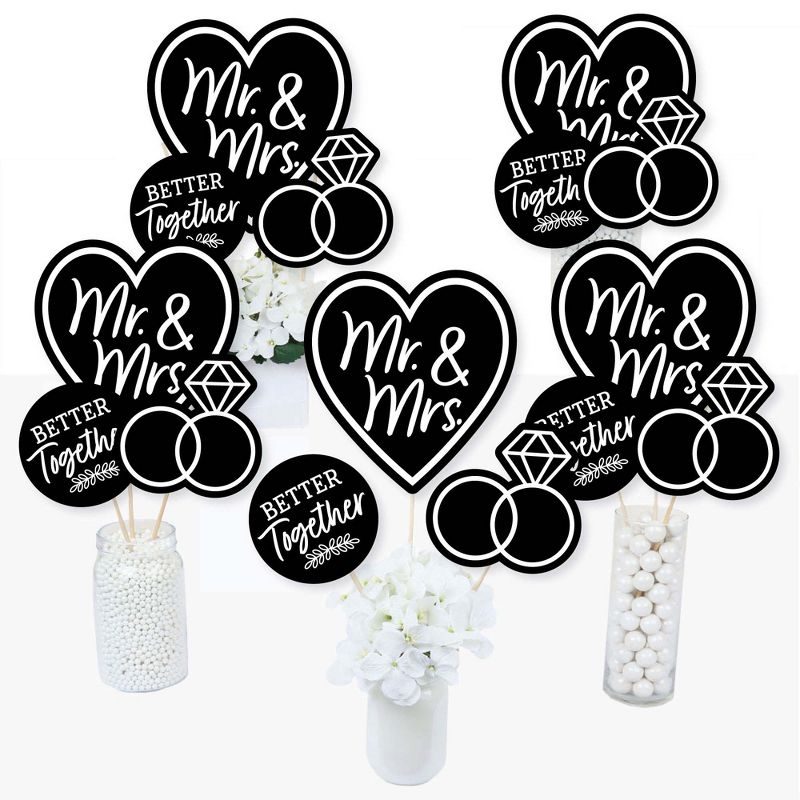 Big Dot of Happiness Mr. and Mrs. - Black and White Wedding or Bridal Shower Centerpiece Sticks - Table Toppers - Set of 15, 2 of 8